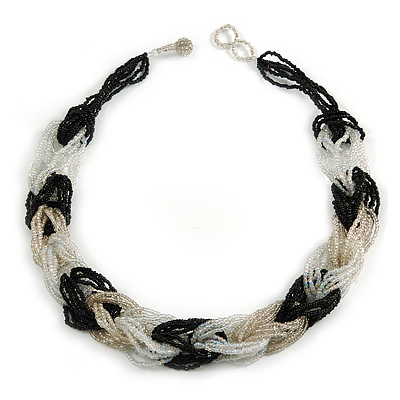 Unique Braided Glass Bead Necklace In Black/ White/ Transparent - 52cm Long