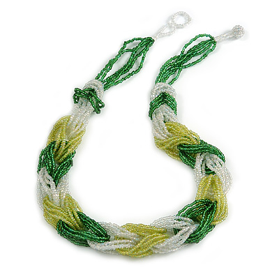 Unique Braided Glass Bead Necklace In Green/ Transparent - 52cm Long
