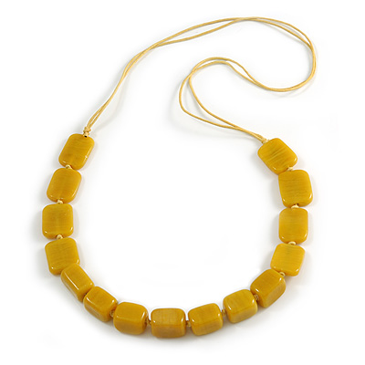 Dusty Yellow Square Ceramic Bead Cotton Cord Necklace - 90cm Long
