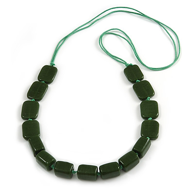 Dark Green Square Ceramic Bead Cotton Cord Necklace - 90cm Long