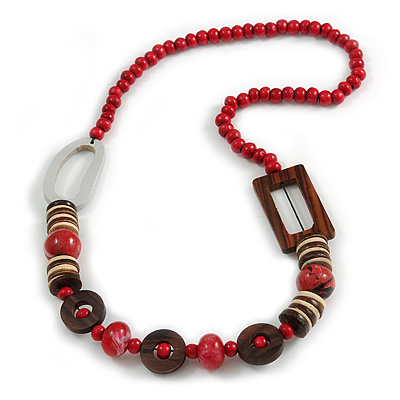 Trendy Wood, Acrylic Bead Geometric Chunky Necklace (Red/ Brown) - 70cm L