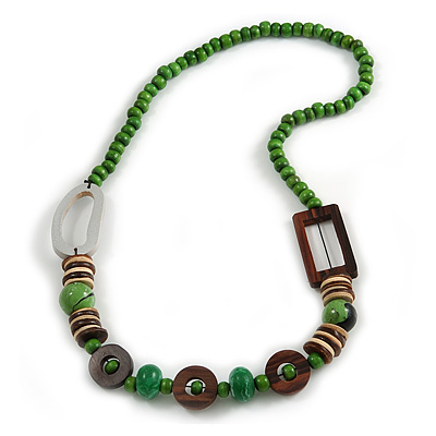 Trendy Wood, Acrylic Bead Geometric Chunky Necklace (Green/ Brown) - 70cm L