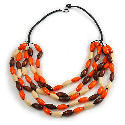 Multistrand Layered Wood Bead Cotton Cord Necklace in Orange/ Brown/ Natural - 68cm L