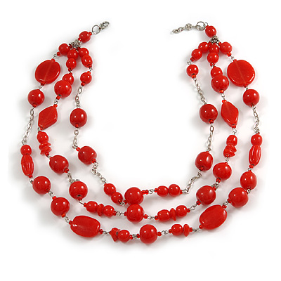210g Solid 3 Strand Red Glass & Ceramic Bead Necklace In Silver Tone - 60cm L/ 5cm