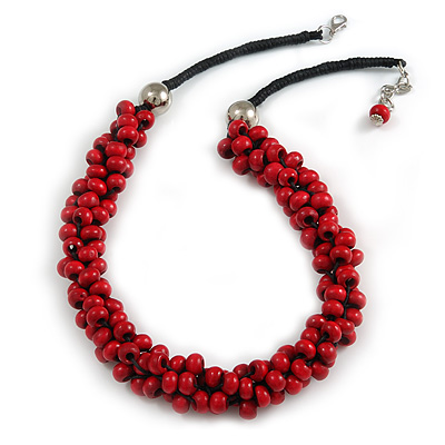 Red Cluster Wood Bead Black Cotton Cord Necklace - 52cm L/ 4cm Ext - main view