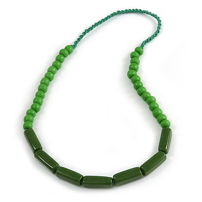 Green Wood and Ceramic Bead Cotton Cord Necklace - 68cm Long