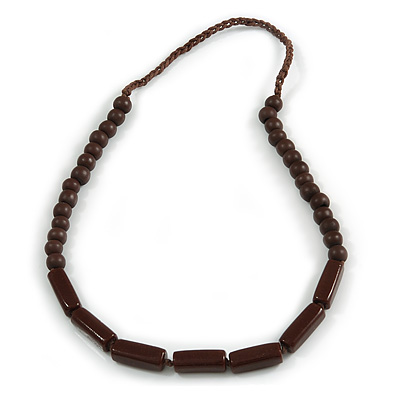 Brown Wood and Ceramic Bead Cotton Cord Necklace - 68cm Long