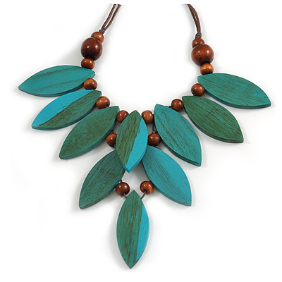 V Shape Wooden Leaf and Round Bead Cotton Cord Necklace/ Teal/ Brown - 74cm L/ 12cm Front Drop