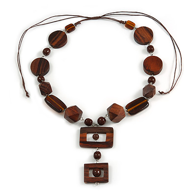 Geometric Brown Wood and Ceramic Bead Necklace - 50cm L/ 8cm Front Drop/ Adjustable