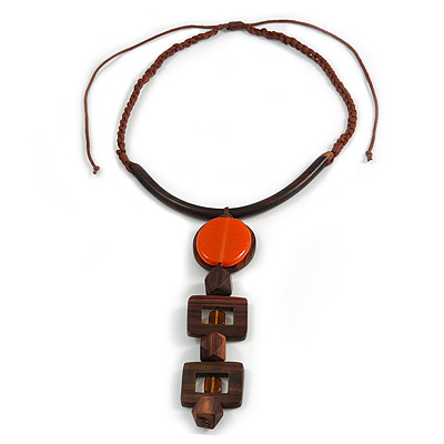 Statement Geometric Brown Wood and Orange Ceramic Bead Cotton Cord Tassel Necklace - 50cm Long/ 16cm Front Drop