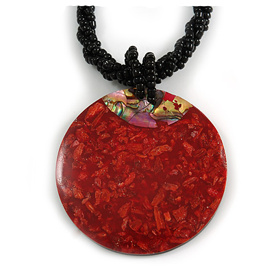 Red Shell Round Pendant with Twisted Black Glass Bead Necklace - 44cm L/ 50mm Diameter
