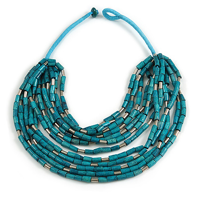 Statement Multistrand Wood Bead Cotton Cord Bib Style Necklace In Teal - 64cm Long