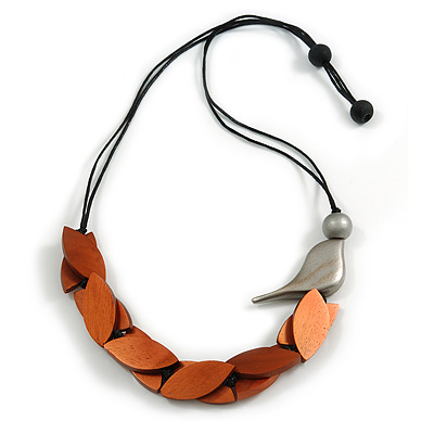 Bronze Brown Wood Leaf with Metallic Silver Wood Bird Black Cotton Cords Necklace - 80cm L Adjustable