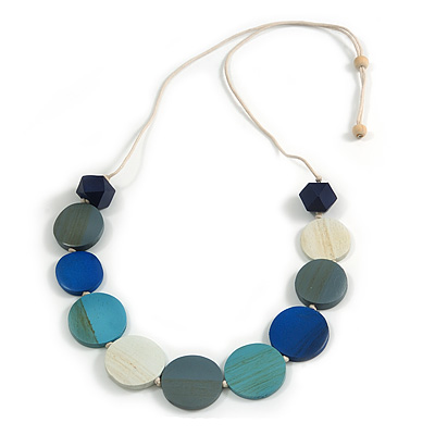 Off White/ Grey/ Teal/ Blue Wood Button Bead Necklace with Black Cotton Cord - Adjustable - 90cm L