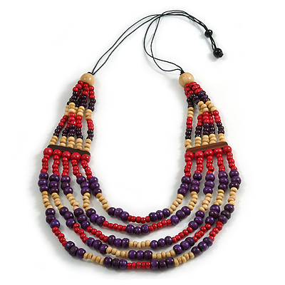 Multistrand Natural/ Red/ Purple Wooden Bead Black Cord Necklace - 100cm L Adjustable