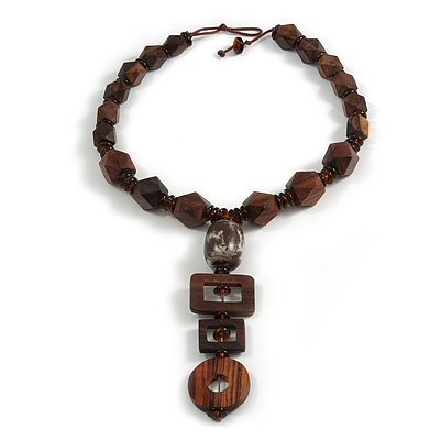 Geometric Wood Bead with Resin and Ceramic Element Cotton Cord Necklace in Brown - 54cm Long/15cm Front Drop - main view