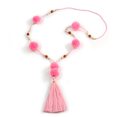 Baby Pink Glass Bead, Pom Pom, Tassel Long Necklace - 88cm L/ 17cm Tassel