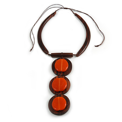Statement Geometric Brown Wood and Orange Ceramic Bead Tassel Necklace - 44cm Long/ 17cm Front Drop - main view