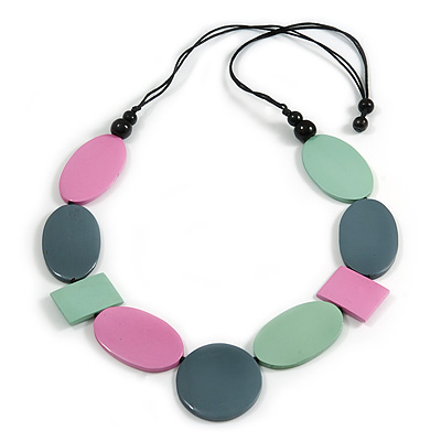 Long Mint/ Pink/ Grey Geometric Wood Bead Necklace with Black Cotton Cords - 110cm L