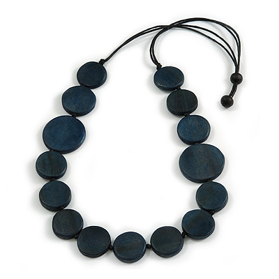 Geometric Dark Blue Coin Wood Bead Black Cord Necklace - 80cm Long Adjustable