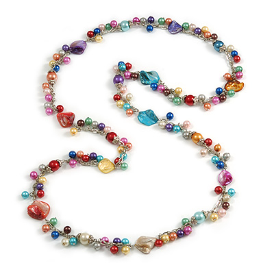 Multicoloured Sea Shell & Imitation Pearl Bead Long Necklace -130cm Long