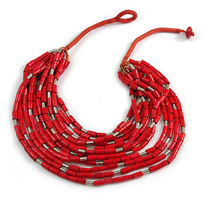 Statement Multistrand Wood Bead Cotton Cord Bib Style Necklace In Red - 64cm Long