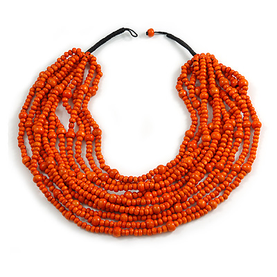 Statement Multistrand Layered Bib Style Wood Bead Necklace In Orange - 50cm Shortest/ 70cm Longest Strand