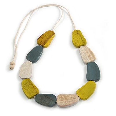 Antique Yellow/ Off White/ Grey Geometric Wood Bead White Cotton Cord Long Necklace - 100cm L/ Adjustable - main view