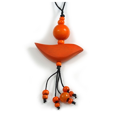 Orange Wood Bird Pendant with Black Cotton Cord - 76cm Long/ 13cm Pendant - Adjustable