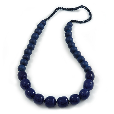Dark Blue Wood and Ceramic Bead Cotton Cord Necklace - 70cm Long