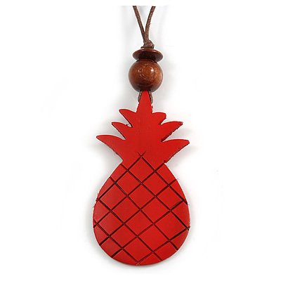 Red Wood Pineapple Pendant with Brown Cotton Cord Necklace - 96cm Long/ 10cm Front Drop - Adjustable