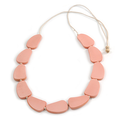 Pastel Pink Geometric Wood Bead White Cotton Cord Long Necklace - 100cm L/ Adjustable - main view