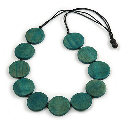 Washed Green Coloured Wood Button Bead Necklace with Black Cotton Cord - 80cm Long Adjustable