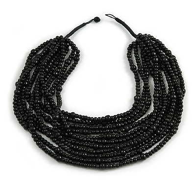 Statement Multistrand Layered Bib Style Wood Bead Necklace In Black - 50cm Shortest/ 70cm Longest Strand - main view