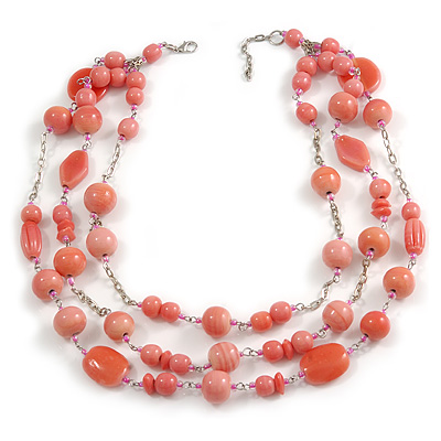210g Solid 3 Strand Bubblegum Pink Glass & Ceramic Bead Necklace In Silver Tone - 60cm L/ 5cm