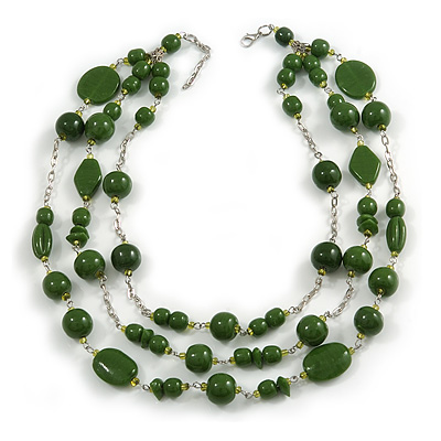 210g Solid 3 Strand Military Green Glass & Ceramic Bead Necklace In Silver Tone - 60cm L/ 5cm