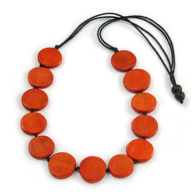 Washed Orange Coloured Wood Button Bead Necklace with Black Cotton Cord - 76cm Long Adjustable