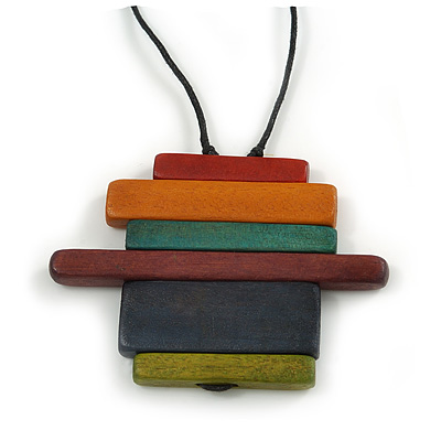 Multicoloured Multi Bar Geometric Wood Pendant with Black Cotton Cord - 80cm Long Adjustable