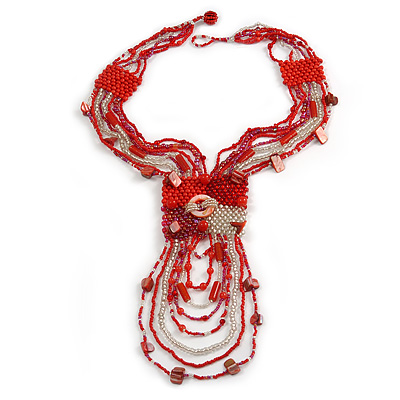 Red/ Transparent Glass Bead, Sea Shell Component Tassel Necklace with Button and Loop Closure - 44cm L (Necklace)/ 17cm L (Tassel)