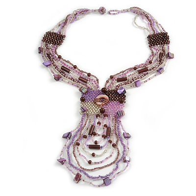 Plum/ Lavender/ Transparent Glass Bead, Sea Shell Component Tassel Necklace with Button and Loop Closure - 44cm L (Necklace)/ 17cm L (Tassel) - main view