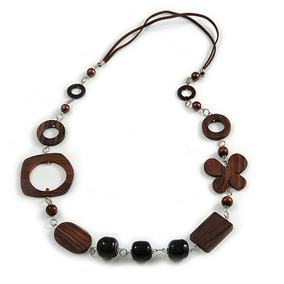 Long Wood, Glass, Ceramic Bead Blue Suede Cord Necklace in Brown - 84cm Long - main view
