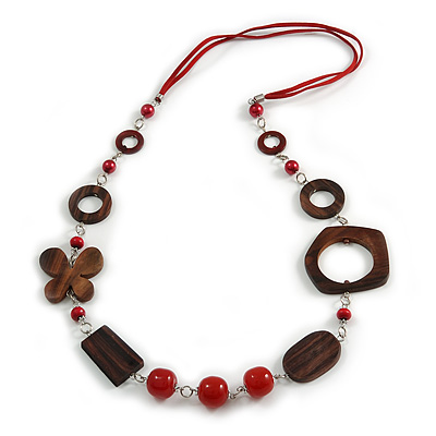 Long Wood, Glass, Ceramic Bead Blue Suede Cord Necklace in Red/ Brown - 88cm Long