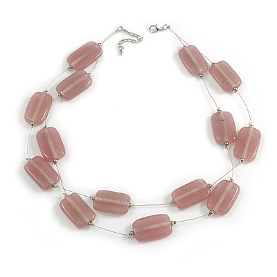 Two Strand Square Dusty Pink Glass Bead Silver Tone Wire Necklace - 48cm L/ 5cm Ext
