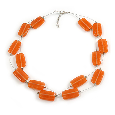 Two Strand Square Peach Orange Glass Bead Silver Tone Wire Necklace - 48cm L/ 5cm Ext