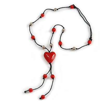 Red Glass Heart Pendant on Black Cotton Cord with Ceramic and Metal Beads Necklace - 64cm Long/ 15cm Tassel - main view