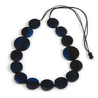 Melange Dark Blue Coin Wood Bead Black Cotton Cord Long Necklace - 100cm Long (Max Length) Adjustable