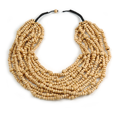 Statement Multistrand Layered Bib Style Wood Bead Necklace In Natural - 50cm Shortest/ 70cm Longest Strand - main view