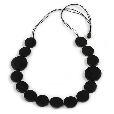 Black Coin Wood Bead Cotton Cord Long Necklace - 100cm Long (Max Length) Adjustable