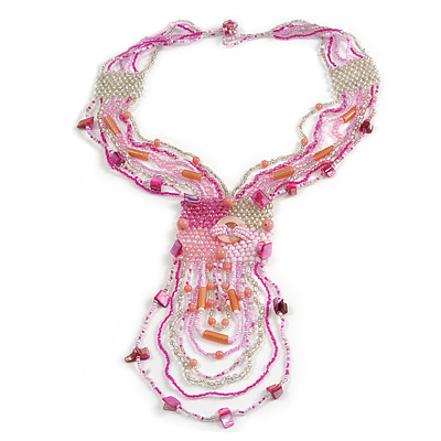 Pink/ Transparent Glass Bead, Sea Shell Component Tassel Necklace with Button and Loop Closure - 44cm L (Necklace)/ 17cm L (Tassel) - main view