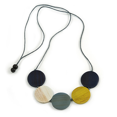 Multicoloured Wood Coin Bead Grey Cotton Cord Necklace - 94cm L (Max Length) Adjustable